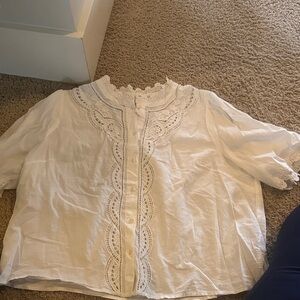 White Lace Trim Button-Front Women's Top